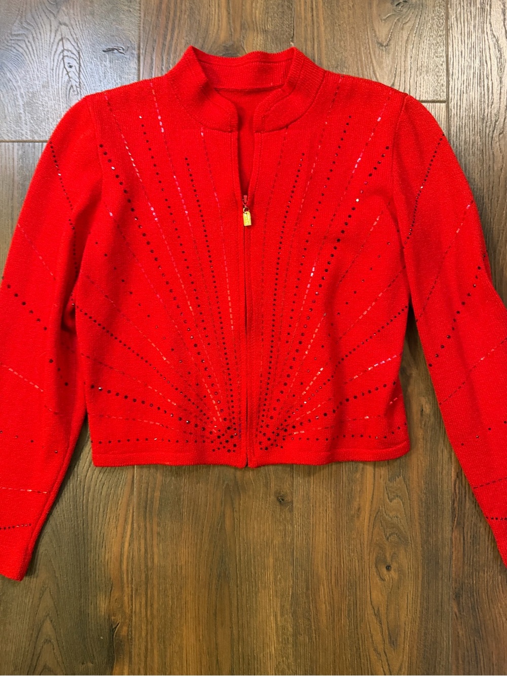 St. John Couture Red Zip-Front Women's Jacket with Subtle Sparkle
